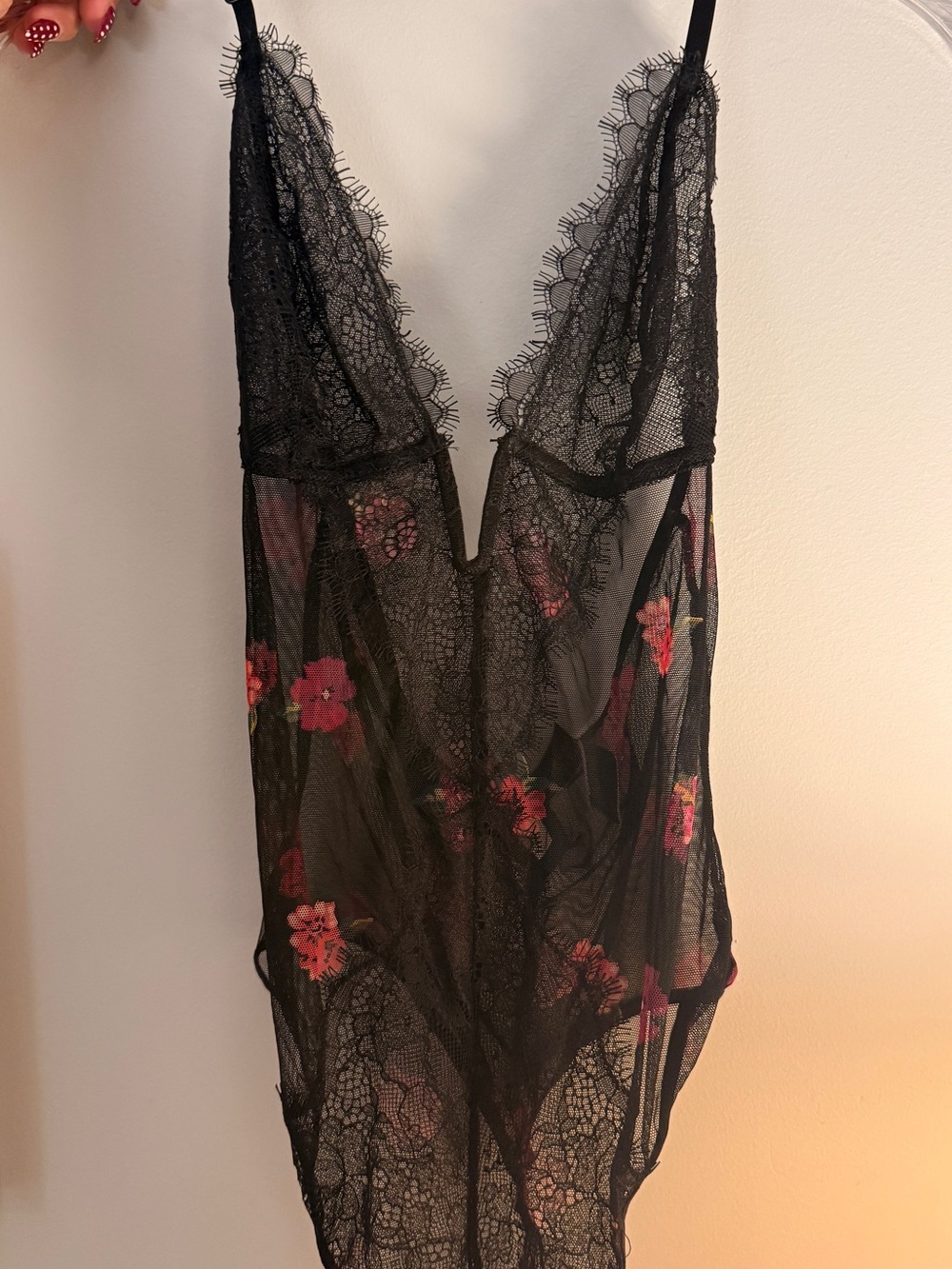 Victoria's Secret Black Sheer Lace Slip with Pink Floral Embroidery
